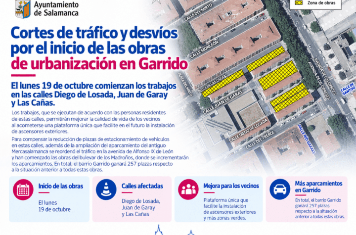 Obras de urbanización en el entorno de la Escuela Municipal de Música de Garrido: cortes de tráfico y desvíos por instalación de ascensores exteriores