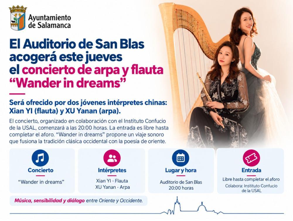 Concierto de arpa y flauta "Wander in dreams" en el Auditorio de San Blas este jueves