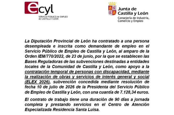La Diputación de León incorpora a un desempleado en el Centro de Atención Especializada Residencia Santa Luisa