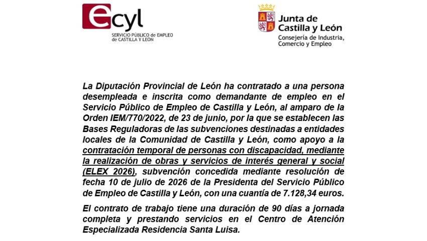 La Diputación de León incorpora a un desempleado en el Centro de Atención Especializada Residencia Santa Luisa